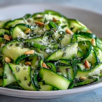 Vibrant shaved zucchini ribbon salad with lemon, Parmesan, perfect side dish.
